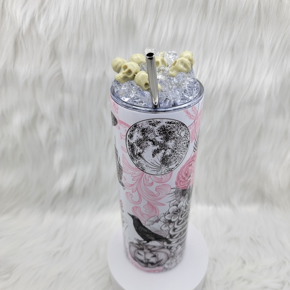 Black gothic skull skinny tumbler drinking cup 20 Oz. with ice topper. - Picture 2 of 5